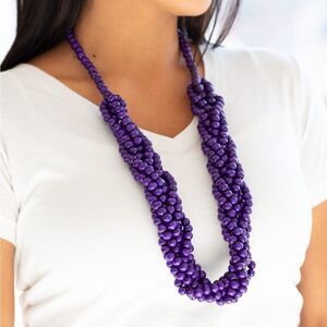 Purple wooden long twisted necklace and earrings